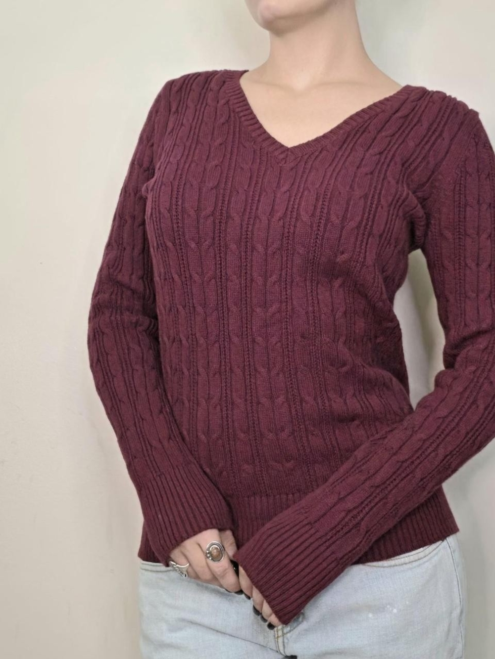 90s Vintage burgundy cable knit sweater Size M Cozy - Picture 7 of 7